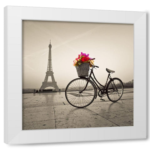 Bicycle with a basket of flowers next to the Eiffel tower White Modern Wood Framed Art Print by Frank, Assaf