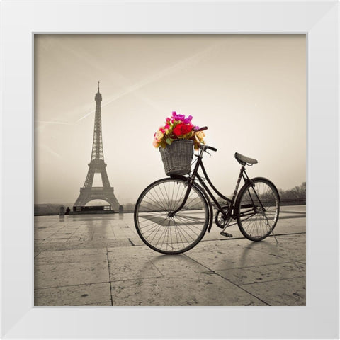 Bicycle with a basket of flowers next to the Eiffel tower White Modern Wood Framed Art Print by Frank, Assaf