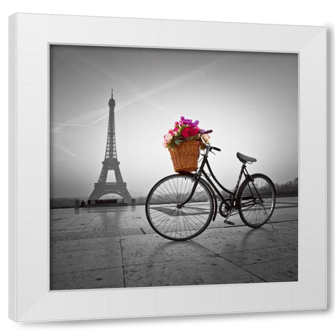 Bicycle with a basket of flowers next to the Eiffel tower White Modern Wood Framed Art Print by Frank, Assaf
