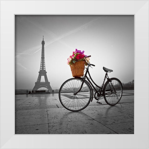 Bicycle with a basket of flowers next to the Eiffel tower White Modern Wood Framed Art Print by Frank, Assaf