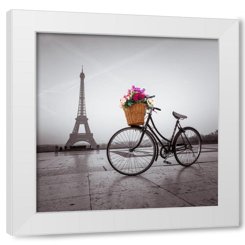 Bicycle with a basket of flowers next to the Eiffel tower White Modern Wood Framed Art Print by Frank, Assaf