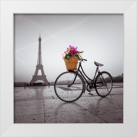 Bicycle with a basket of flowers next to the Eiffel tower White Modern Wood Framed Art Print by Frank, Assaf
