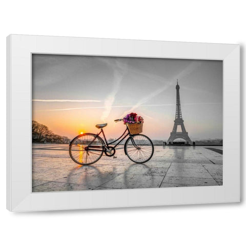 Bicycle with a basket of flowers next to the Eiffel tower, Paris, France White Modern Wood Framed Art Print by Frank, Assaf