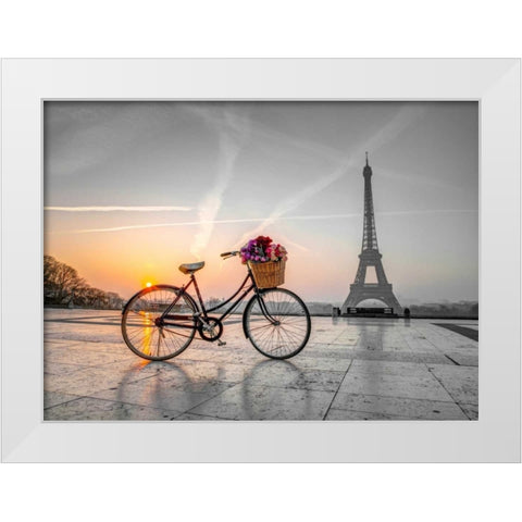 Bicycle with a basket of flowers next to the Eiffel tower, Paris, France White Modern Wood Framed Art Print by Frank, Assaf