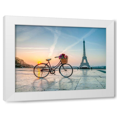 Bicycle and Eiffel tower White Modern Wood Framed Art Print by Frank, Assaf