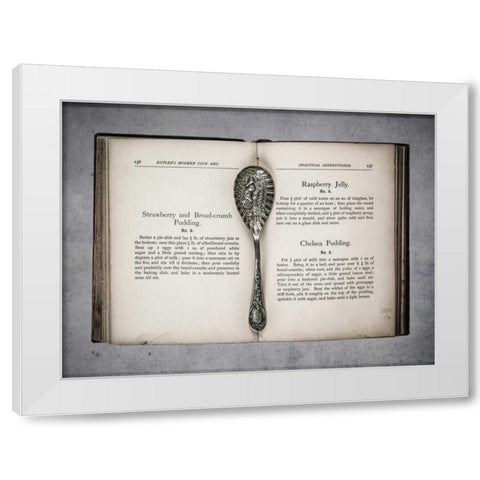 Old cookery book open with an old jam spoon White Modern Wood Framed Art Print by Frank, Assaf