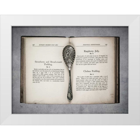 Old cookery book open with an old jam spoon White Modern Wood Framed Art Print by Frank, Assaf