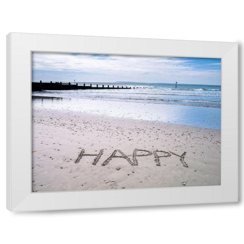 HAPPY written on beach White Modern Wood Framed Art Print by Frank, Assaf