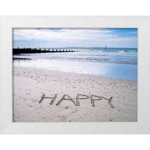 HAPPY written on beach White Modern Wood Framed Art Print by Frank, Assaf