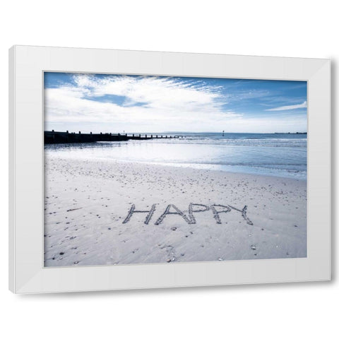 HAPPY message written in smooth sand at the beach White Modern Wood Framed Art Print by Frank, Assaf