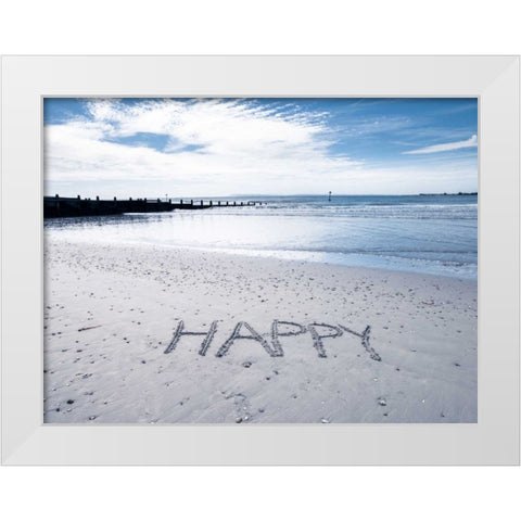 HAPPY message written in smooth sand at the beach White Modern Wood Framed Art Print by Frank, Assaf