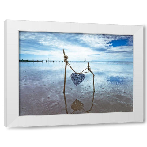Heart tied up on wooden sticks at the beach White Modern Wood Framed Art Print by Frank, Assaf