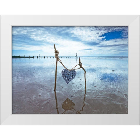 Heart tied up on wooden sticks at the beach White Modern Wood Framed Art Print by Frank, Assaf