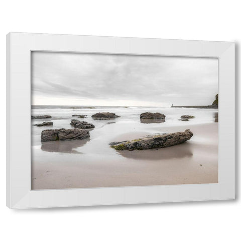 Rocks on a sandy beach White Modern Wood Framed Art Print by Frank, Assaf