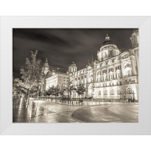 Port of-Building at night, Liverpool White Modern Wood Framed Art Print by Frank, Assaf