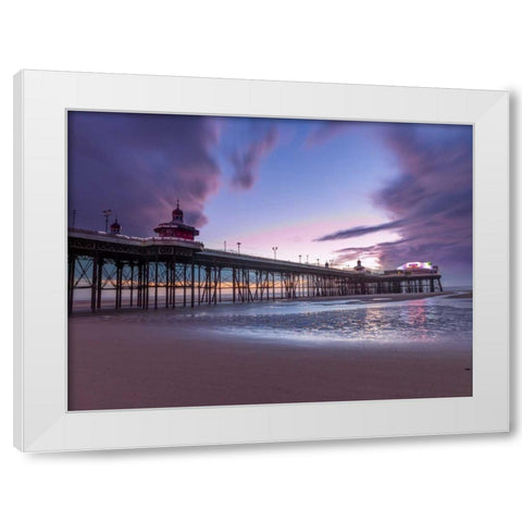 Blackpool sea shore with jetty White Modern Wood Framed Art Print by Frank, Assaf