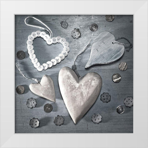 Assorted wooden hearts and buttons White Modern Wood Framed Art Print by Frank, Assaf