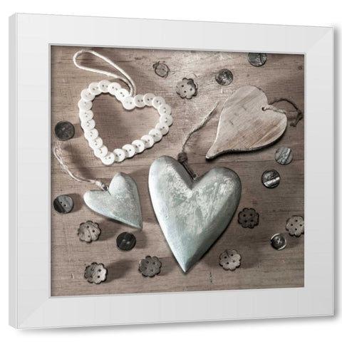 Assorted wooden hearts and buttons White Modern Wood Framed Art Print by Frank, Assaf