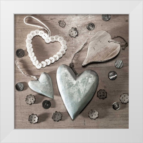 Assorted wooden hearts and buttons White Modern Wood Framed Art Print by Frank, Assaf