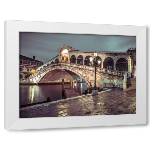 Rialto Bridge at night, Venice, Italy, FTBR-1890 White Modern Wood Framed Art Print by Frank, Assaf