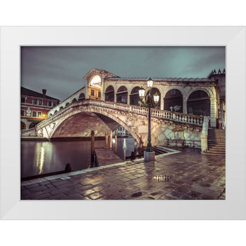 Rialto Bridge at night, Venice, Italy, FTBR-1890 White Modern Wood Framed Art Print by Frank, Assaf