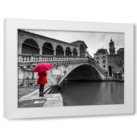 A woman in a red dress holding red umbrella and standing next to the Rialto bridge, Venice, Italy White Modern Wood Framed Art Print by Frank, Assaf