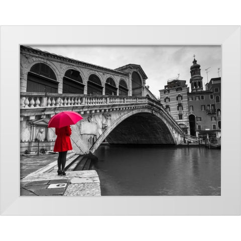 A woman in a red dress holding red umbrella and standing next to the Rialto bridge, Venice, Italy White Modern Wood Framed Art Print by Frank, Assaf