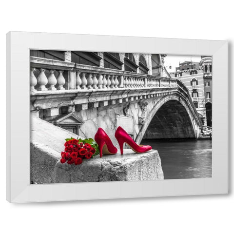 Bunch of red roses and red high heel shoes, Rialto Bridge, Venice, Italy White Modern Wood Framed Art Print by Frank, Assaf