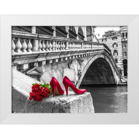 Bunch of red roses and red high heel shoes, Rialto Bridge, Venice, Italy White Modern Wood Framed Art Print by Frank, Assaf
