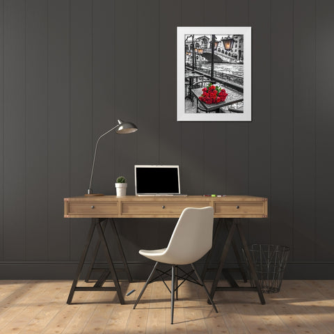 Bunch of red roses on street cafe table-Rialto Bridge-Venice-Italy White Modern Wood Framed Art Print by Frank, Assaf