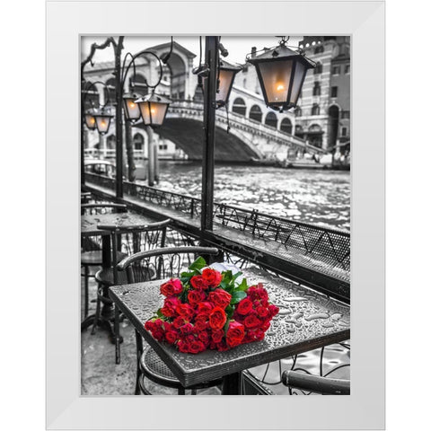 Bunch of red roses on street cafe table-Rialto Bridge-Venice-Italy White Modern Wood Framed Art Print by Frank, Assaf