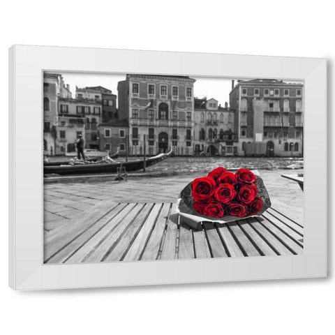 Bunch of red roses on street cafe table near canal, Venice, Italy White Modern Wood Framed Art Print by Frank, Assaf