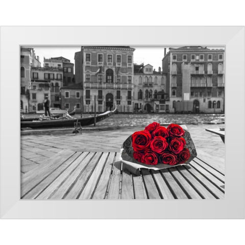 Bunch of red roses on street cafe table near canal, Venice, Italy White Modern Wood Framed Art Print by Frank, Assaf