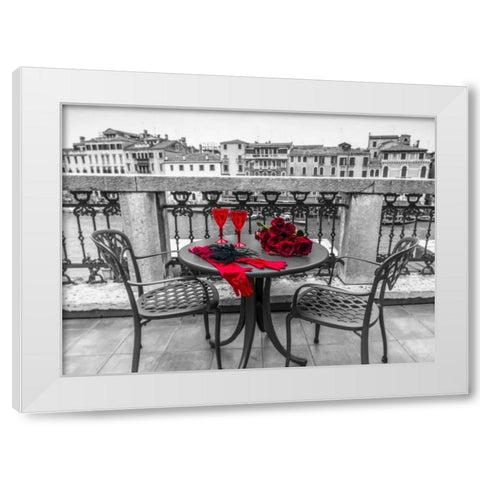 Bunch of Roses with wine glasses and female hand gloves on cafe table, Venice, Italy White Modern Wood Framed Art Print by Frank, Assaf