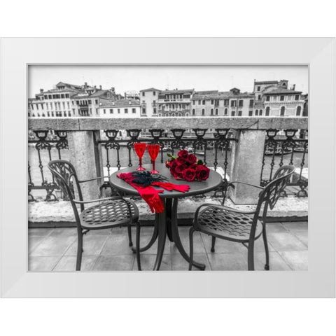 Bunch of Roses with wine glasses and female hand gloves on cafe table, Venice, Italy White Modern Wood Framed Art Print by Frank, Assaf