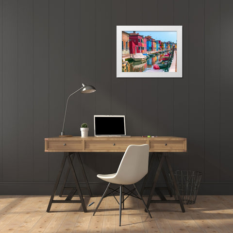 Multi-Coloured houses next to a canal, Burano, Italy White Modern Wood Framed Art Print by Frank, Assaf