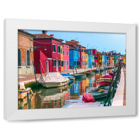 Multi-Coloured houses next to a canal, Burano, Italy White Modern Wood Framed Art Print by Frank, Assaf