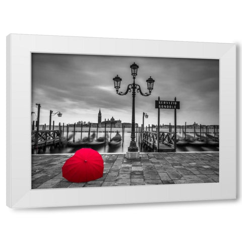 Heart shaped umbrella next to lamp post at Gondola hiring point, Venice, Italy White Modern Wood Framed Art Print by Frank, Assaf