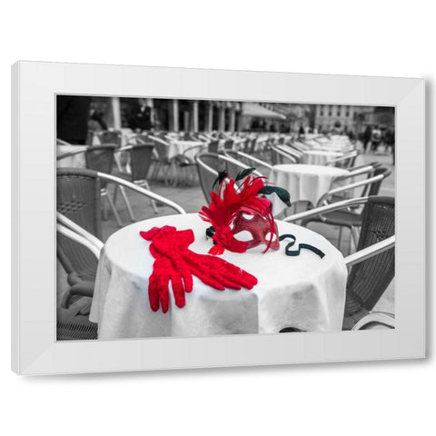 Female hand gloves with Venetian mask on cafe table, Venice, Italy White Modern Wood Framed Art Print by Frank, Assaf