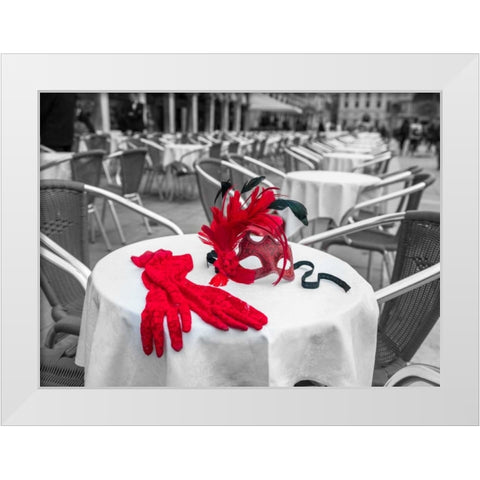 Female hand gloves with Venetian mask on cafe table, Venice, Italy White Modern Wood Framed Art Print by Frank, Assaf