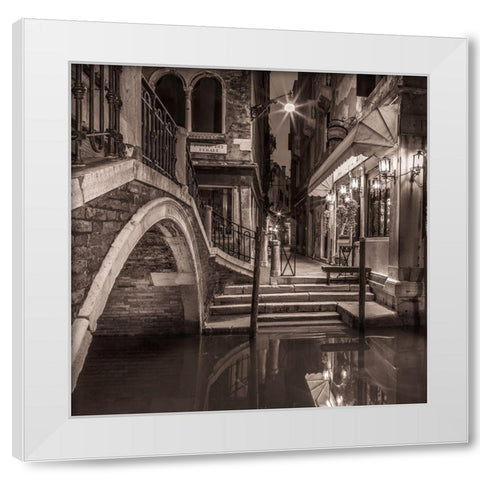 Night shot of cafe by narrow canal-Venice-Italy White Modern Wood Framed Art Print by Frank, Assaf