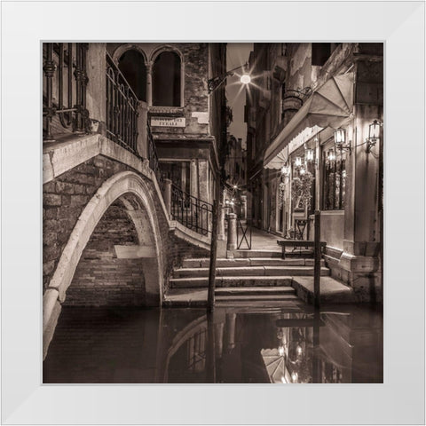 Night shot of cafe by narrow canal-Venice-Italy White Modern Wood Framed Art Print by Frank, Assaf