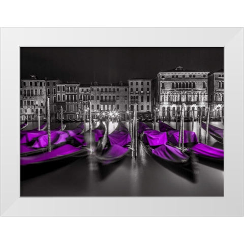 Night shot of grand canal with illuminated buildings and gondolas, Venice, Italy White Modern Wood Framed Art Print by Frank, Assaf