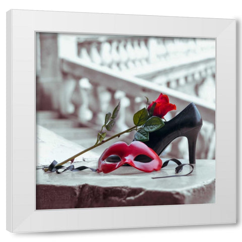 Venetian mask and high heel shoe with red rose, Rialto bridge, Venice, Italy White Modern Wood Framed Art Print by Frank, Assaf