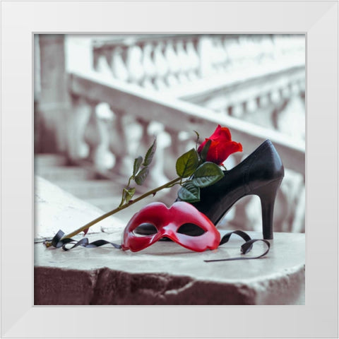 Venetian mask and high heel shoe with red rose, Rialto bridge, Venice, Italy White Modern Wood Framed Art Print by Frank, Assaf