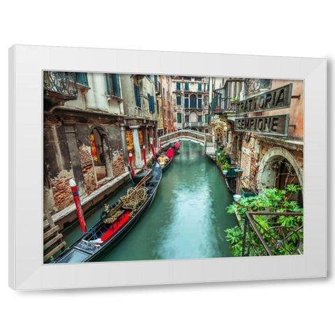 Gondola in narrow canal through old buildings, Venice, Italy White Modern Wood Framed Art Print by Frank, Assaf
