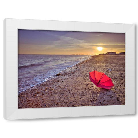 Row of beach huts at sunset, Hayling Island White Modern Wood Framed Art Print by Frank, Assaf