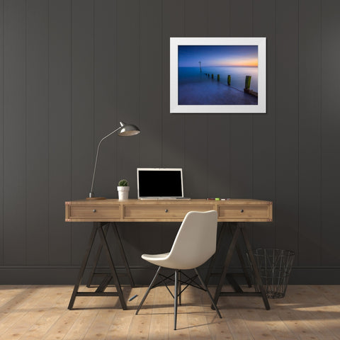 Groynes at dusk, Hayling Island, UK White Modern Wood Framed Art Print by Frank, Assaf