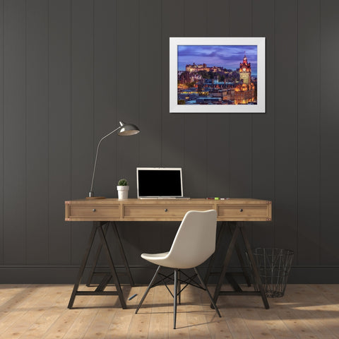 Edinburgh Castle and The Balmoral Hotel, Scotland White Modern Wood Framed Art Print by Frank, Assaf