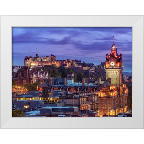Edinburgh Castle and The Balmoral Hotel, Scotland White Modern Wood Framed Art Print by Frank, Assaf